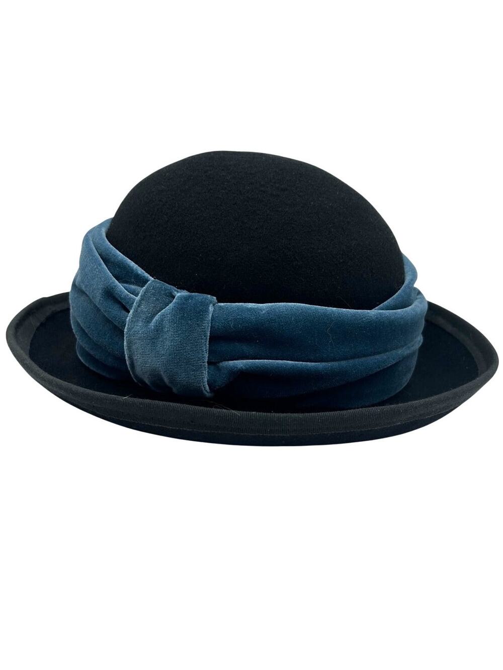 Bevali Read London Black Wool Felt Dome Hat Cotton Velvet Draped Band 56cm 6 7/8